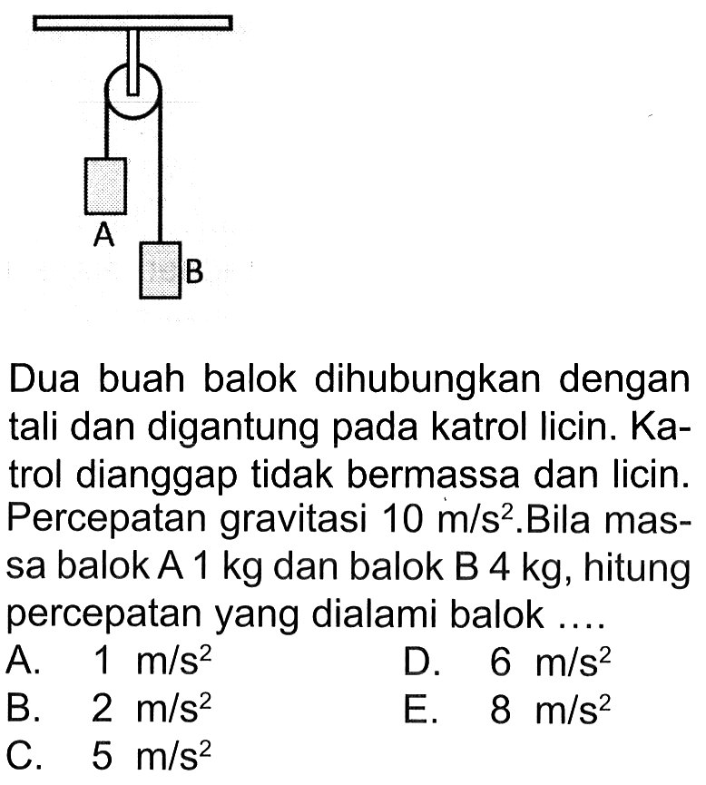 A B Dua buah balok dihubungkan dengan tali dan digantung pada katrol licin. Katrol dianggap tidak bermassa dan licin. Percepatan gravitasi 10 m/s^2. Bila massa balok A 1 kg dan balok B 4 kg, hitung percepatan yang dialami balok....