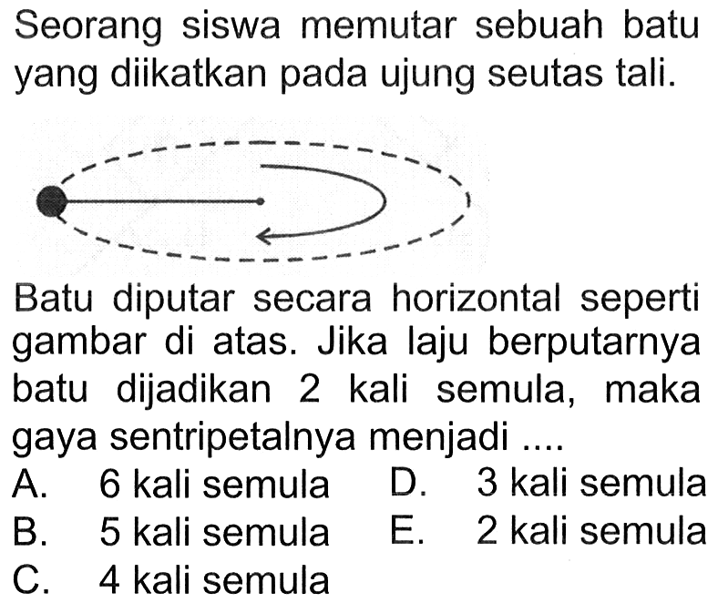 Seorang siswa memutar sebuah batu yang diikatkan pada ujung seutas tali. Batu diputar secara horizontal seperti gambar di atas. Jika laju berputarnya batu dijadikan 2 kali semula, maka gaya sentripetalnya menjadi ....