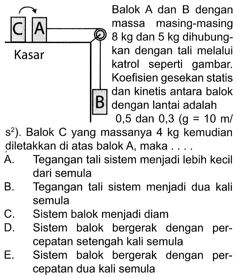 Balok A dan B dengan massa masing-masing 8 kg dan 5 kg dihubungkan dengan tali melalui katrol seperti gambar. Koefisie gesekan statis dan kinetis antara balok dengan lantai adalah 0,5 dan 0,3 (g = 10 m/s^2). Balok C yang massanya 4 kg kemudian diletakkan di atas balok A, maka...