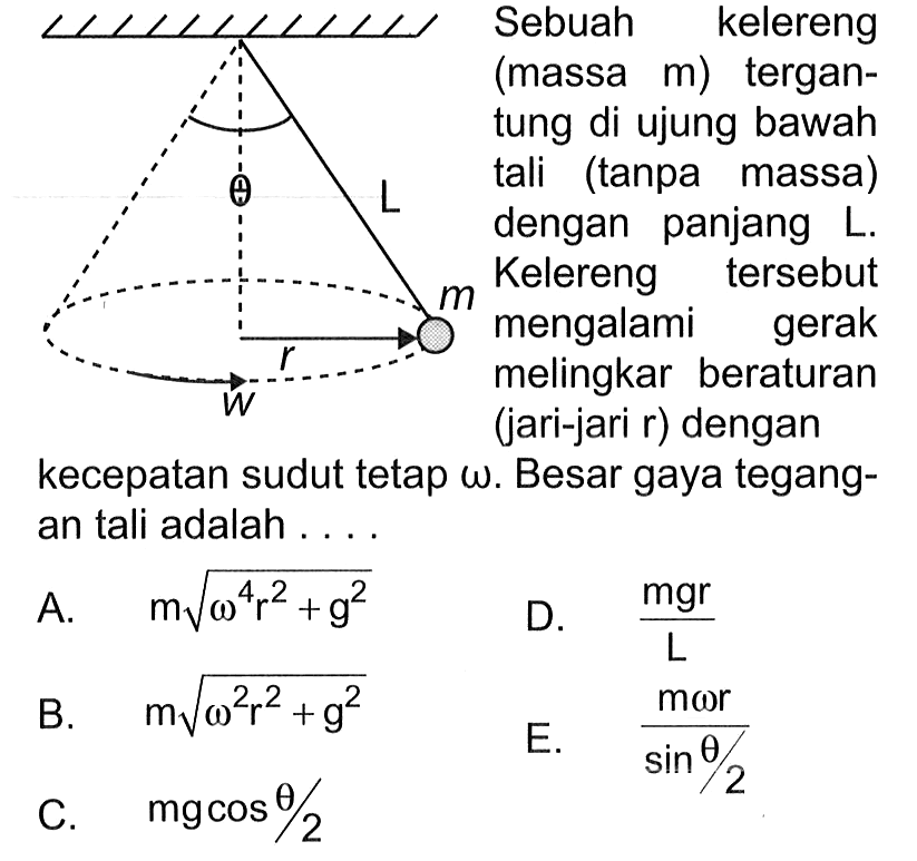 Sebuah kelereng (massa m) tergantung di ujung bawah tali (tanpa massa) dengan panjang L. Kelereng tersebut mengalami gerak melingkar beraturan (jari-jari r) dengan kecepatan sudut tetap omega. Besar gaya tegangan tali adalah....