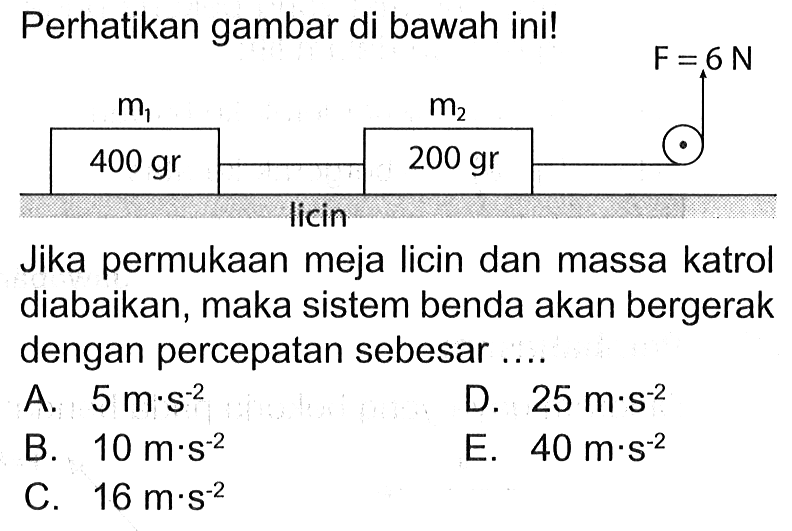 Perhatikan gambar di bawah ini!m1 m2 F=6N 400 gr 200 gr licinJika permukaan meja licin dan massa katrol diabaikan, maka sistem benda akan bergerak dengan percepatan sebesar ....