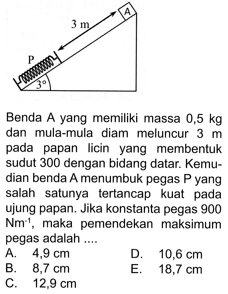Benda A yang memiliki massa  0,5 kg  dan mula-mula diam meluncur  3 m  pada papan licin yang membentuk sudut 300 dengan bidang datar. Kemudian benda A menumbuk pegas P yang salah satunya tertancap kuat pada ujung papan. Jika konstanta pegas 900  Nm^-1 , maka pemendekan maksimum pegas adalah ....