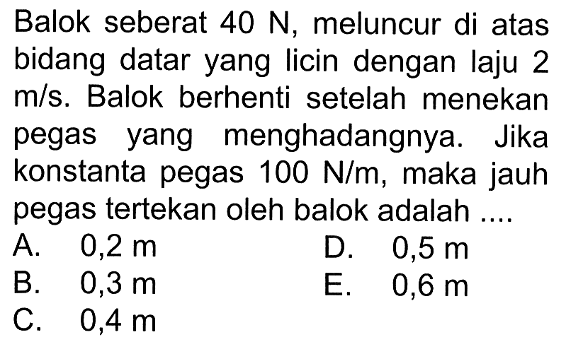 Balok seberat 40 N, meluncur di atas bidang datar yang licin dengan laju 2 m/s. Balok berhenti setelah menekan pegas yang menghadangnya. Jika konstanta pegas 100 N/m, maka jauh pegas tertekan oleh balok adalah .... 