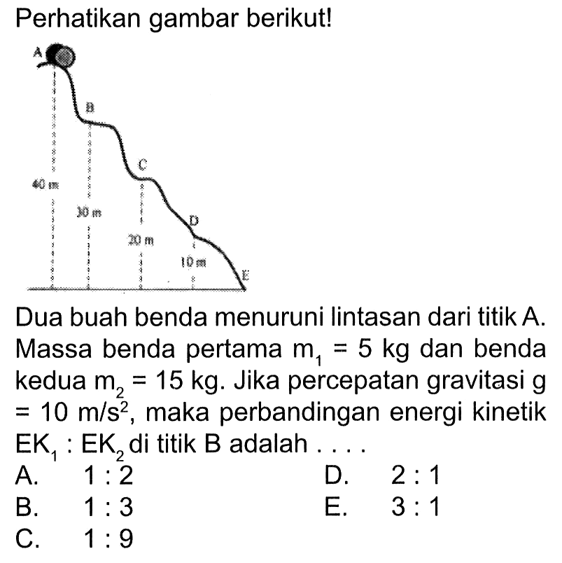 Perhatikan gambar berikut!Dua buah benda menuruni lintasan dari titik A. Massa benda pertama m1=5 kg dan benda kedua m2=15 kg. Jika percepatan gravitasi g=10 m/s^2, maka perbandingan energi kinetik EK1:EK2 di titik B adalah...