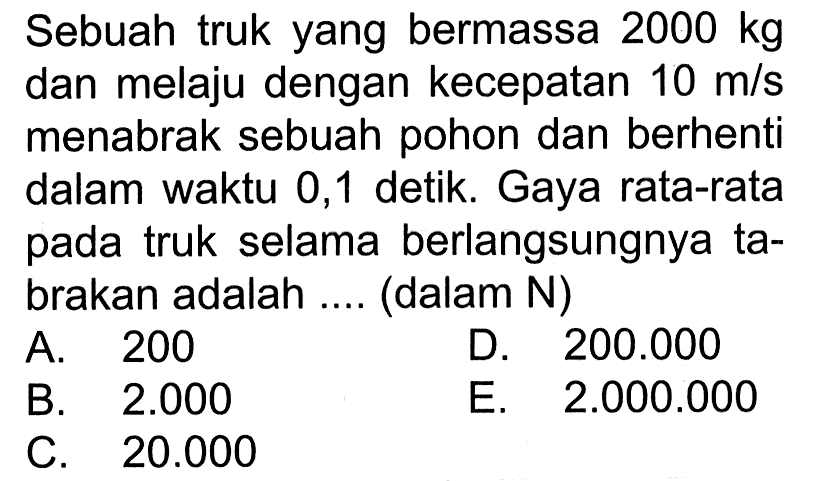 Sebuah truk yang bermassa 2000 kg dan melaju dengan kecepatan 10 m/s menabrak sebuah pohon dan berhenti dalam waktu 0,1 detik. Gaya rata-rata pada truk selama berlangsungnya tabrakan adalah .... (dalam N)