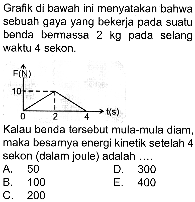 Grafik di bawah ini menyatakan bahwa sebuah gaya yang bekerja pada suatu benda bermassa  2 kg  pada selang waktu 4 sekon.F(N) 10 0 2 4 t(s)Kalau benda tersebut mula-mula diam, maka besarnya energi kinetik setelah 4 sekon (dalam joule) adalah ....