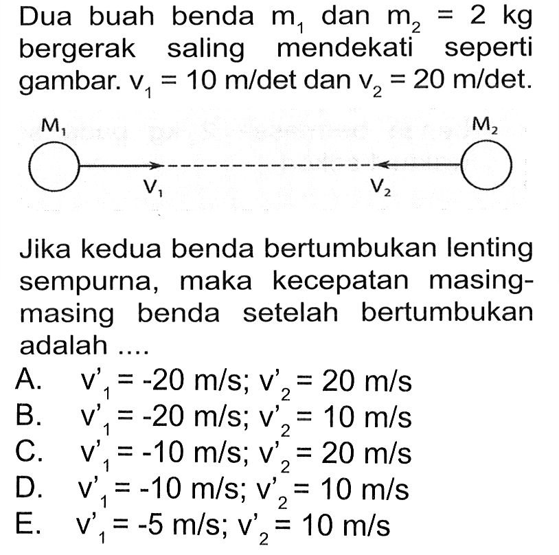 Dua buah benda m1 dan m2=2 kg bergerak saling mendekati seperti gambar. v1=10 m/det dan v2=20 m/det.Jika kedua benda bertumbukan lenting sempurna, maka kecepatan masingmasing benda setelah bertumbukan adalah ....M1 M2 v1 v2