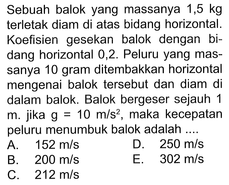 Sebuah balok yang massanya  1,5 kg  terletak diam di atas bidang horizontal. Koefisien gesekan balok dengan bidang horizontal 0,2 . Peluru yang massanya 10 gram ditembakkan horizontal mengenai balok tersebut dan diam di dalam balok. Balok bergeser sejauh 1 m. jika  g=10 m / s^(2) , maka kecepatan peluru menumbuk balok adalah ....
A.  152 m / s   D.  250 m / s 
B.  200 m / s 
E.  302 m / s 
C.  212 m / s 