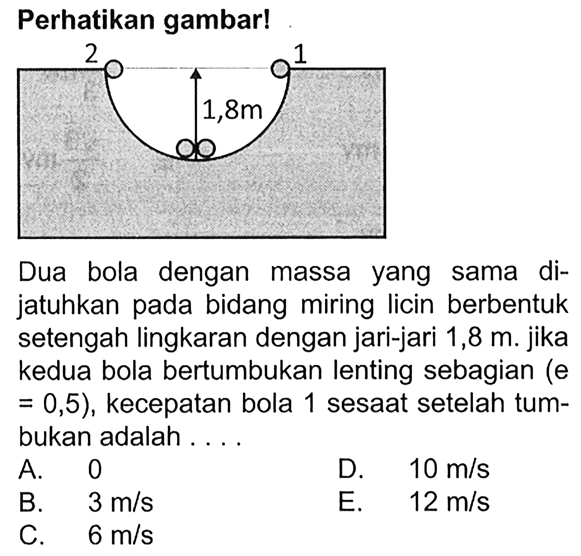 Perhatikan gambar! 2 1 1,8mDua bola dengan massa yang sama dijatuhkan pada bidang miring licin berbentuk setengah lingkaran dengan jari-jari 1,8 m. jika kedua bola bertumbukan lenting sebagian (e =0,5) , kecepatan bola 1 sesaat setelah tumbukan adalah ....