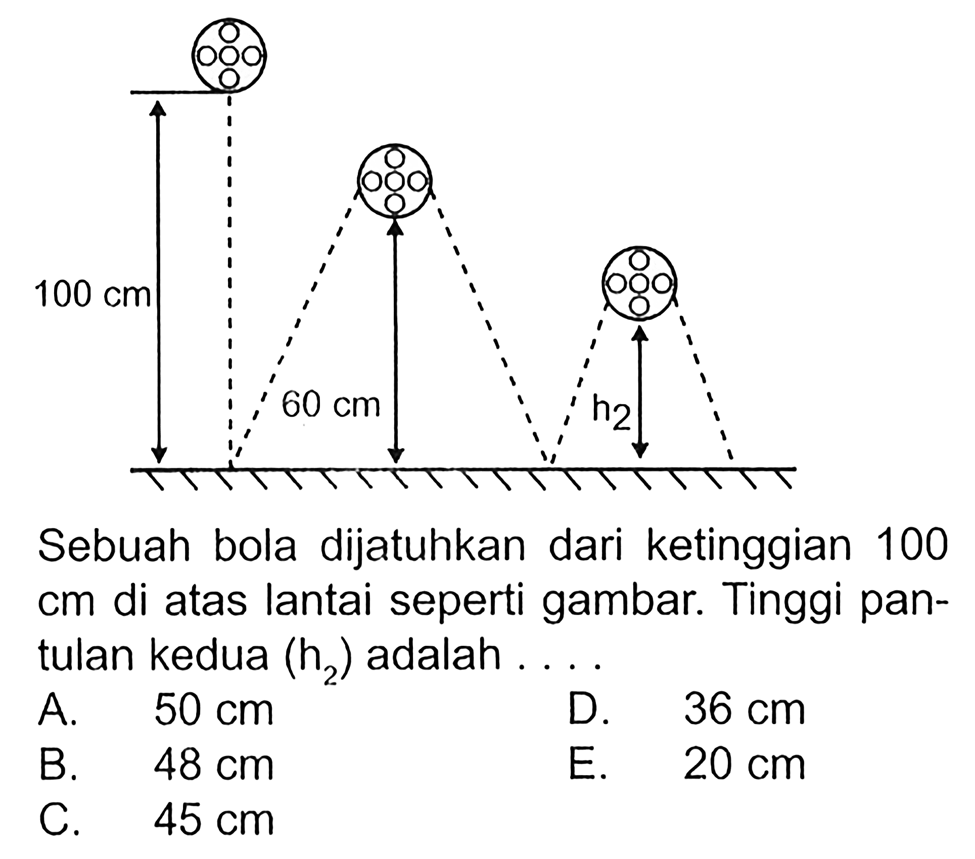 100cm 60cm h2. Sebuah bola dijatuhkan dari ketinggian 100  cm  di atas lantai seperti gambar. Tinggi pantulan kedua  (h2)  adalah....