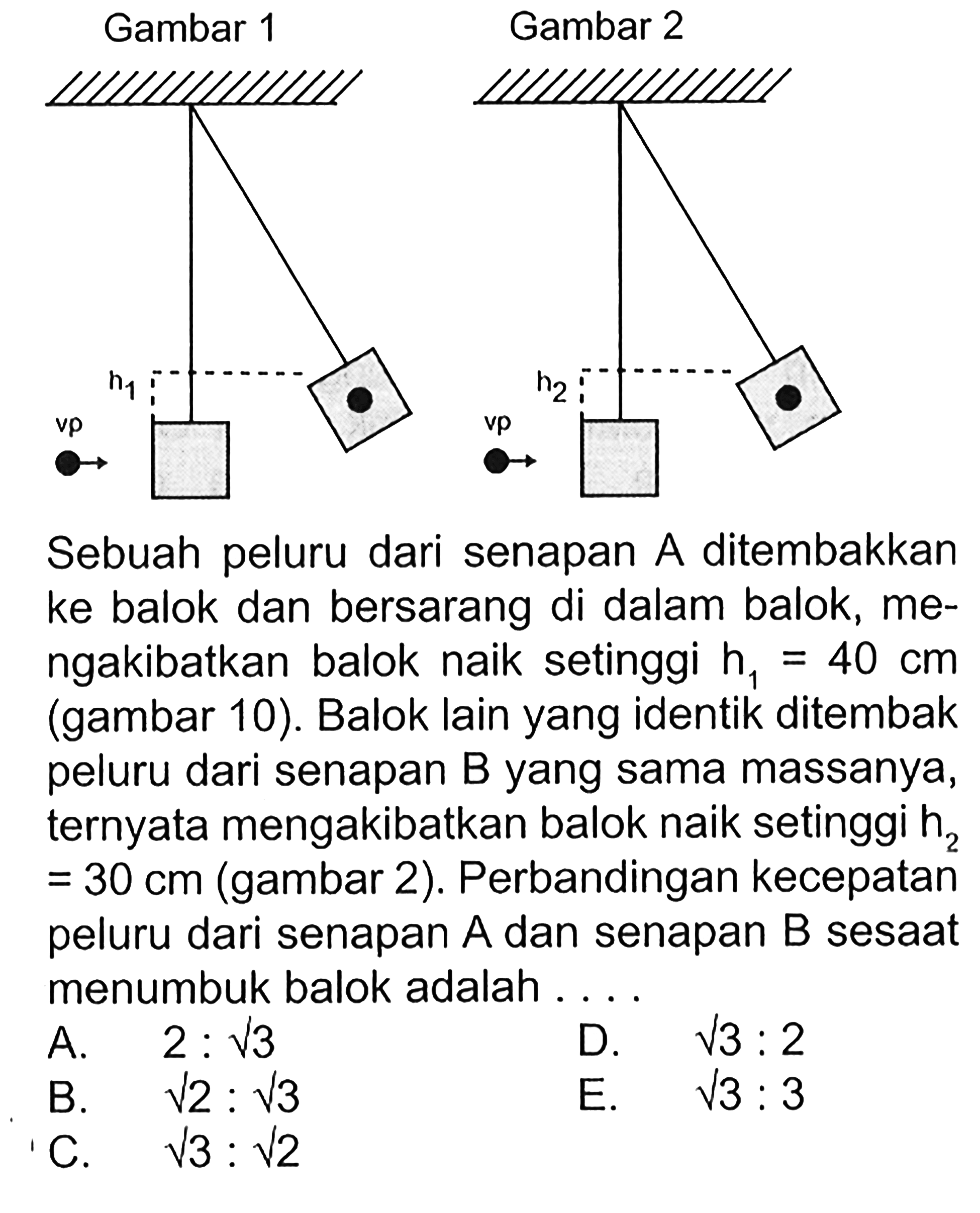 Gambar 1Gambar 2Sebuah peluru dari senapan A ditembakkan ke balok dan bersarang di dalam balok, mengakibatkan balok naik setinggi h1=40 cm (gambar 10). Balok lain yang identik ditembak peluru dari senapan B yang sama massanya, ternyata mengakibatkan balok naik setinggi h2=30 cm (gambar 2). Perbandingan kecepatan peluru dari senapan A dan senapan B sesaat menumbuk balok adalah....