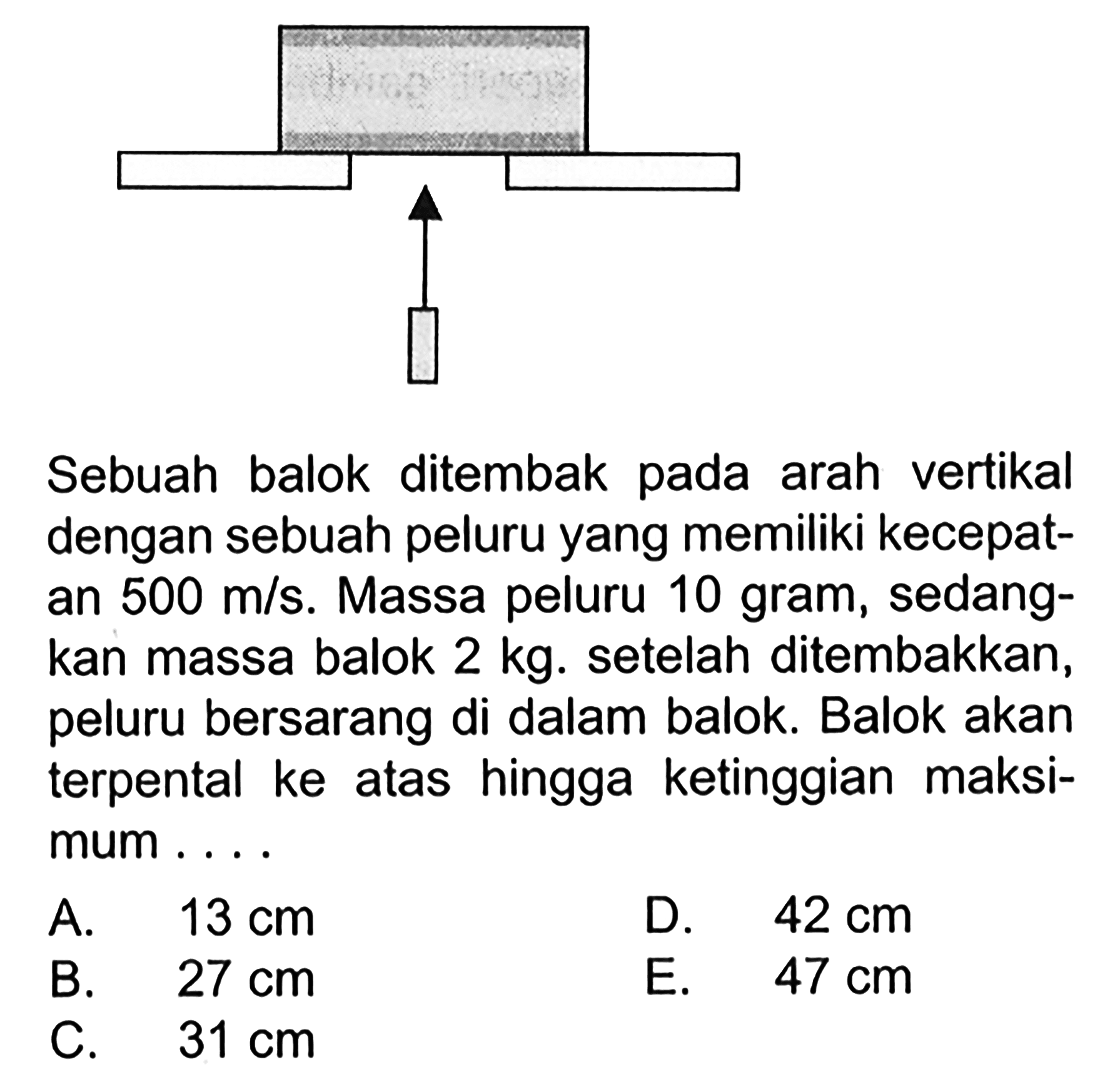 Sebuah balok ditembak pada arah vertikal dengan sebuah peluru yang memiliki kecepatan  500 m/s. Massa peluru 10 gram, sedangkan massa balok  2 kg. setelah ditembakkan, peluru bersarang di dalam balok. Balok akan terpental ke atas hingga ketinggian maksimum....