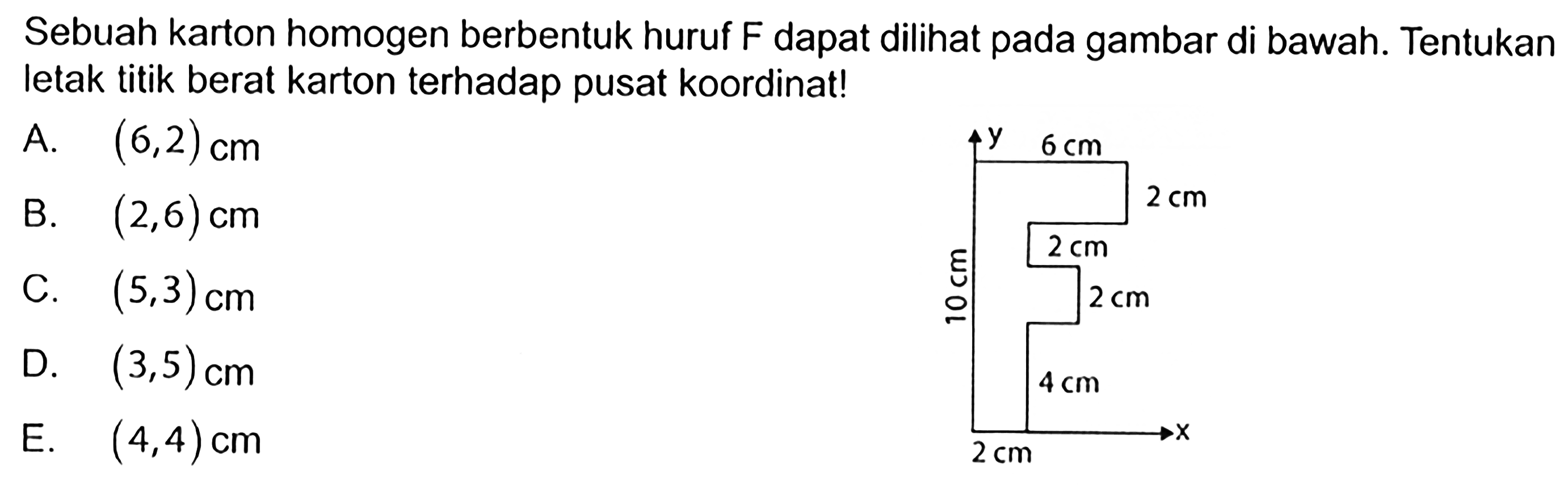 Sebuah karton homogen berbentuk huruf F dapat dilihat pada gambar di bawah. Tentukan letak titik berat karton terhadap pusat koordinat! 