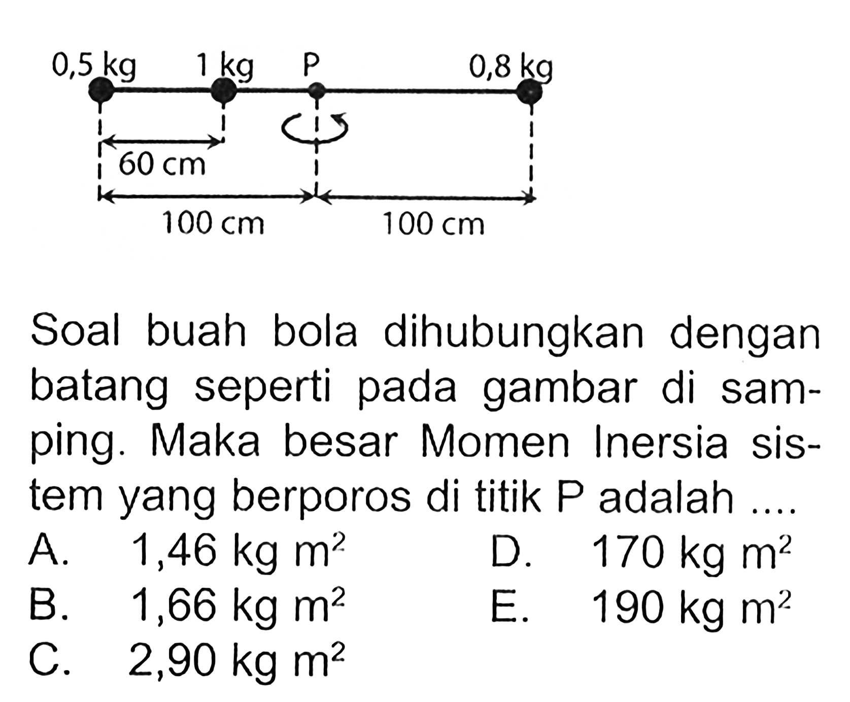 o,5 kg 1 kg P 0,8 kg 60 cm 100 cm 100 cm Soal buah bola dihubungkan dengan batang seperti pada gambar di samping. Maka besar Momen Inersia sistem yang berporos di titik P adalah .... A. 1,46 kg m^2 D. 170 kg m^2 B. 1,66 kg m^2 E. 190 kg m^2 C. 2,90 kg m^2