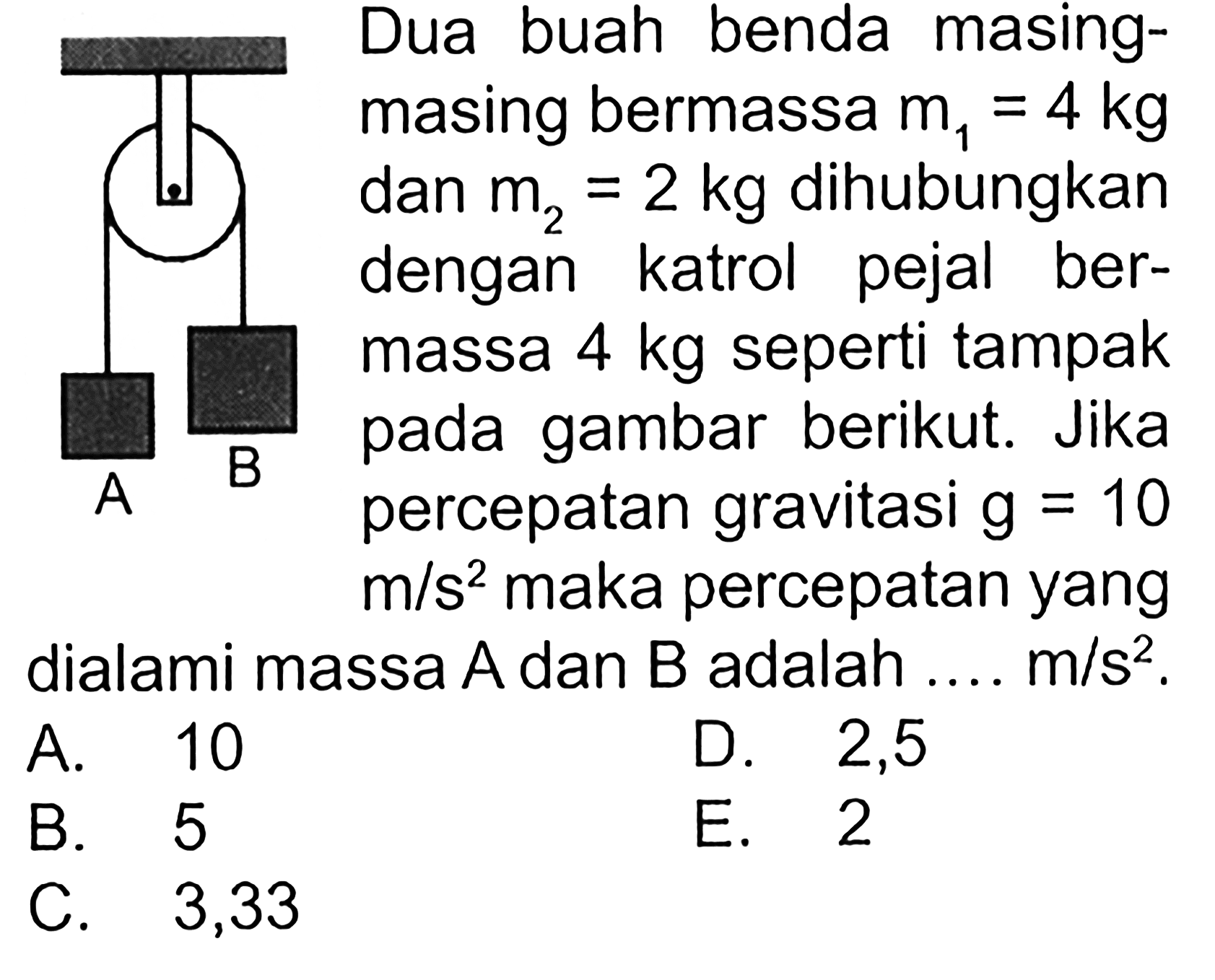 Dua buah benda masing- masing bermassa m1 = 4 kg dan m2 = kg dihubungkan dengan katrol pejal ber- massa 4 kg seperti tampak pada gambar berikut. Jika percepatan gravitasi g = 10 m/s^2 maka percepatan yang dialami massa A dan B adalah .... m/s^2. A B 