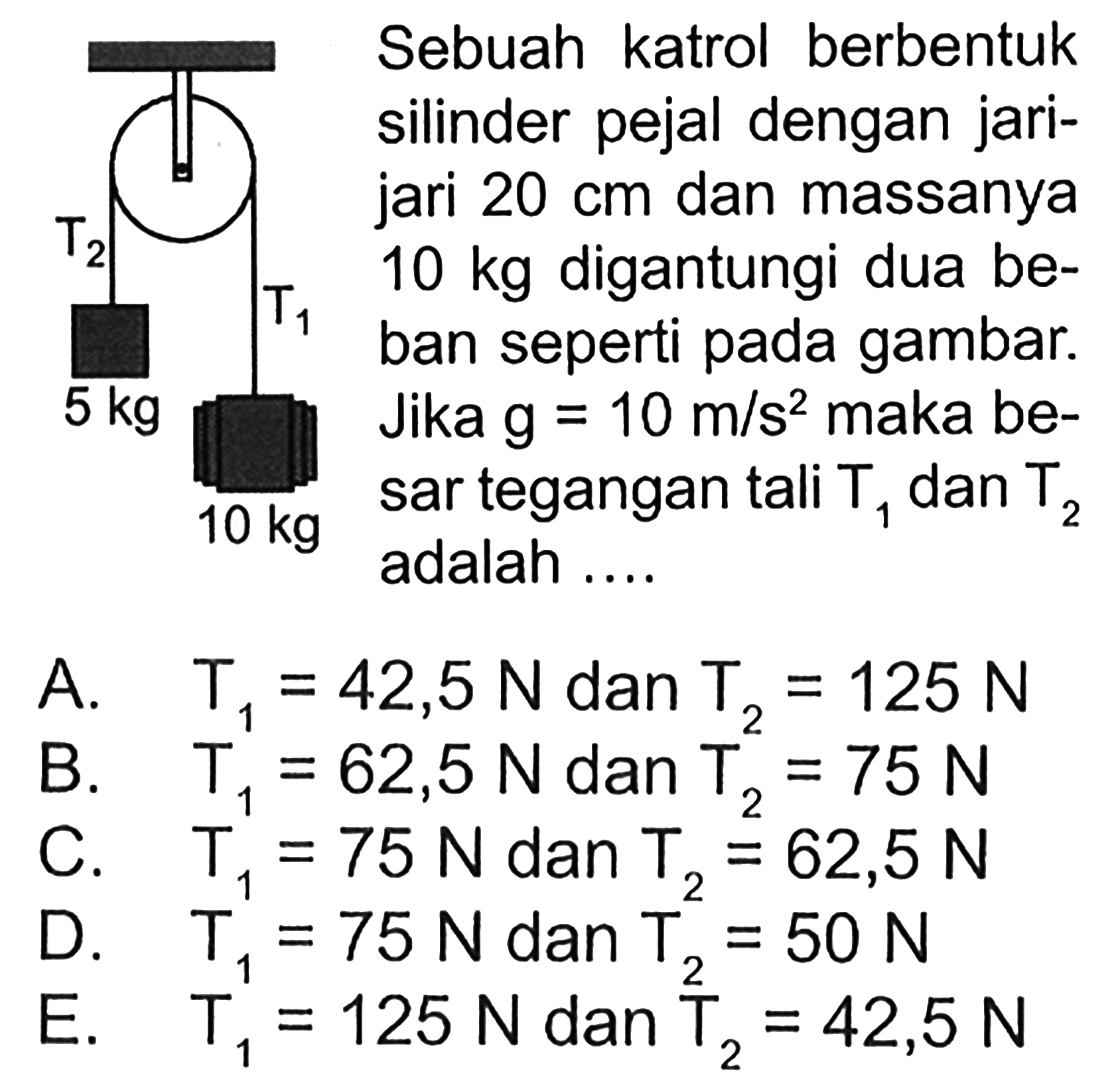 Sebuah katrol berbentuk silinder pejal dengan jari-jari 20 cm dan massanya 10 kg digantungi dua be- ban seperti pada gambar. Jika g = 10 m/s^2 maka be- sar tegangan tali T1 dan T2 adalah .... T2 T1 5 kg 10 kg 