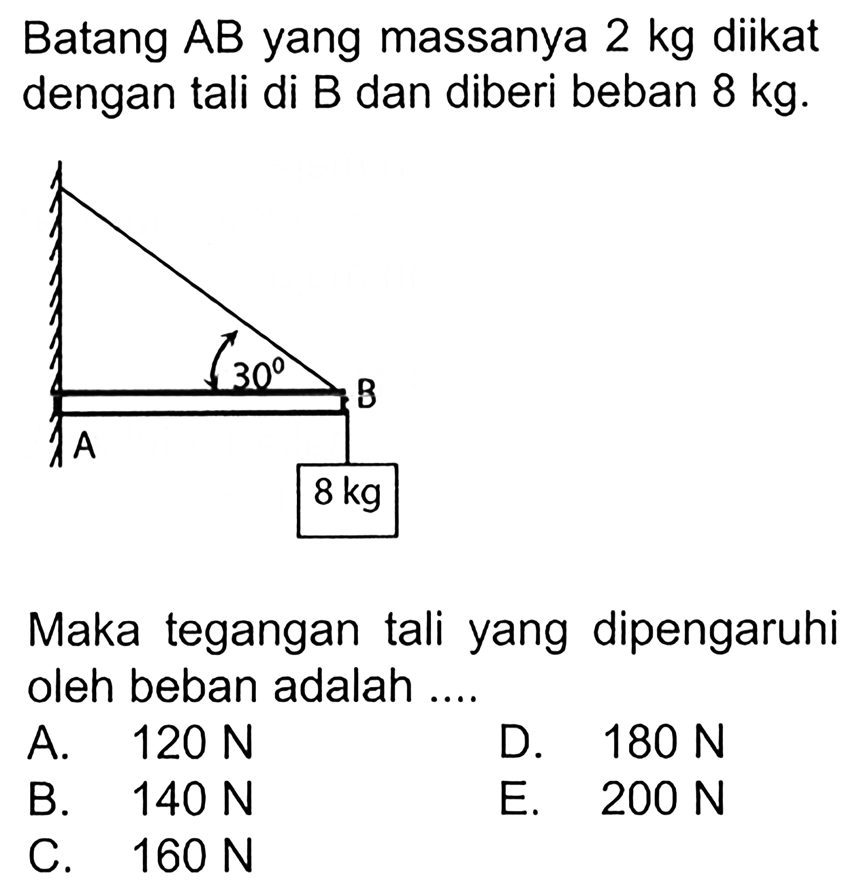 Batang AB yang massanya 2 kg diikat dengan tali di B dan diberi beban 8 kg. 30 B A 8 kg Maka tegangan tali yang dipengaruhi oleh beban adalah .... 