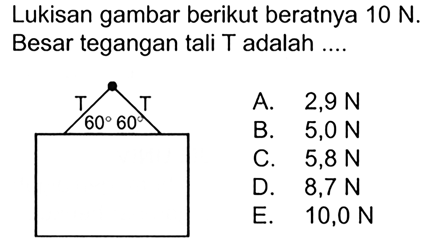 Lukisan gambar berikut beratnya 10 N. Besar tegangan tali T adalah ...