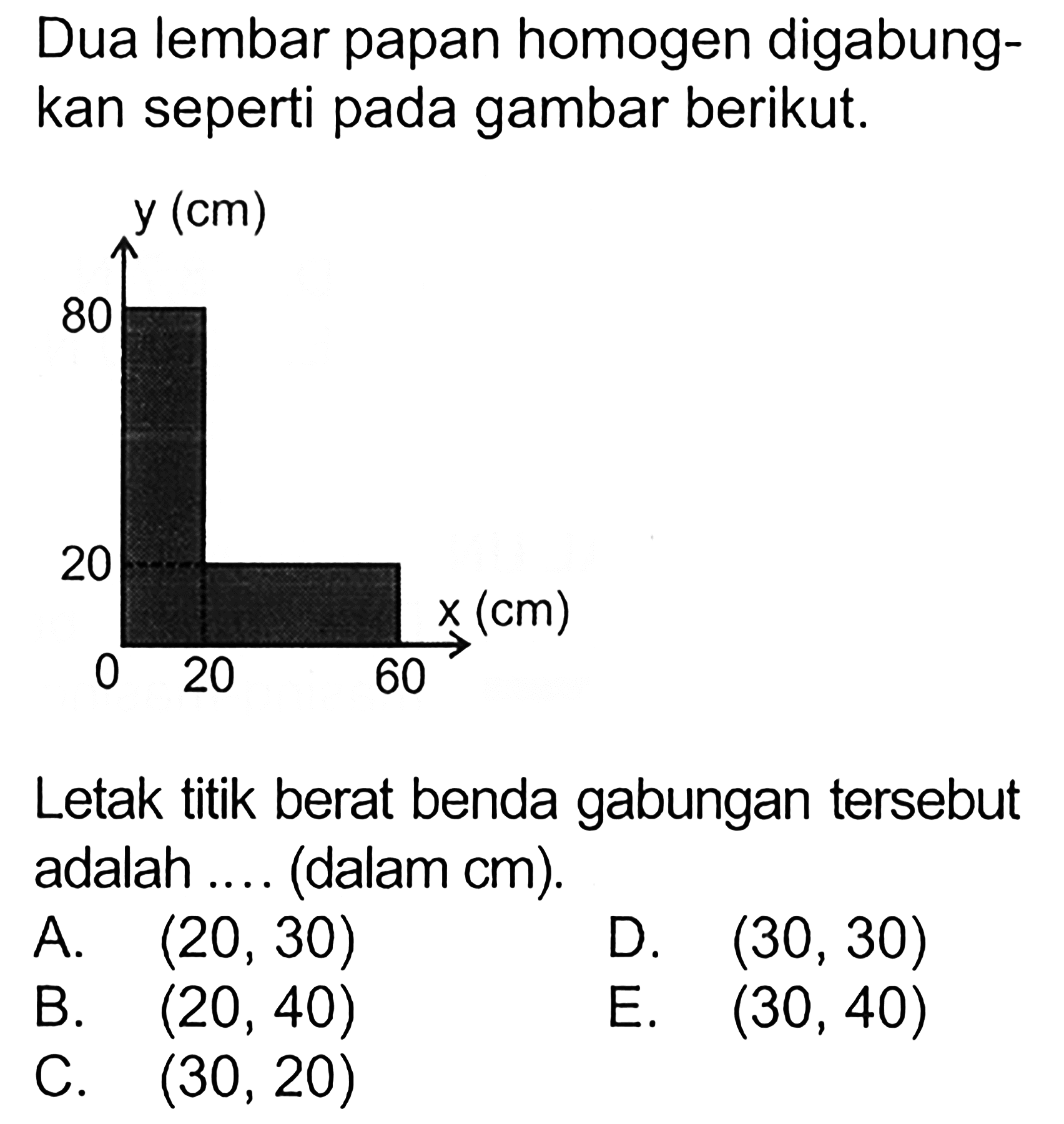 Dua lembar papan homogen digabungkan seperti pada gambar berikut. y (cm) 80 20 0 20 60 x (cm) Letak titik berat benda gabungan tersebut adalah.... (dalam cm). 