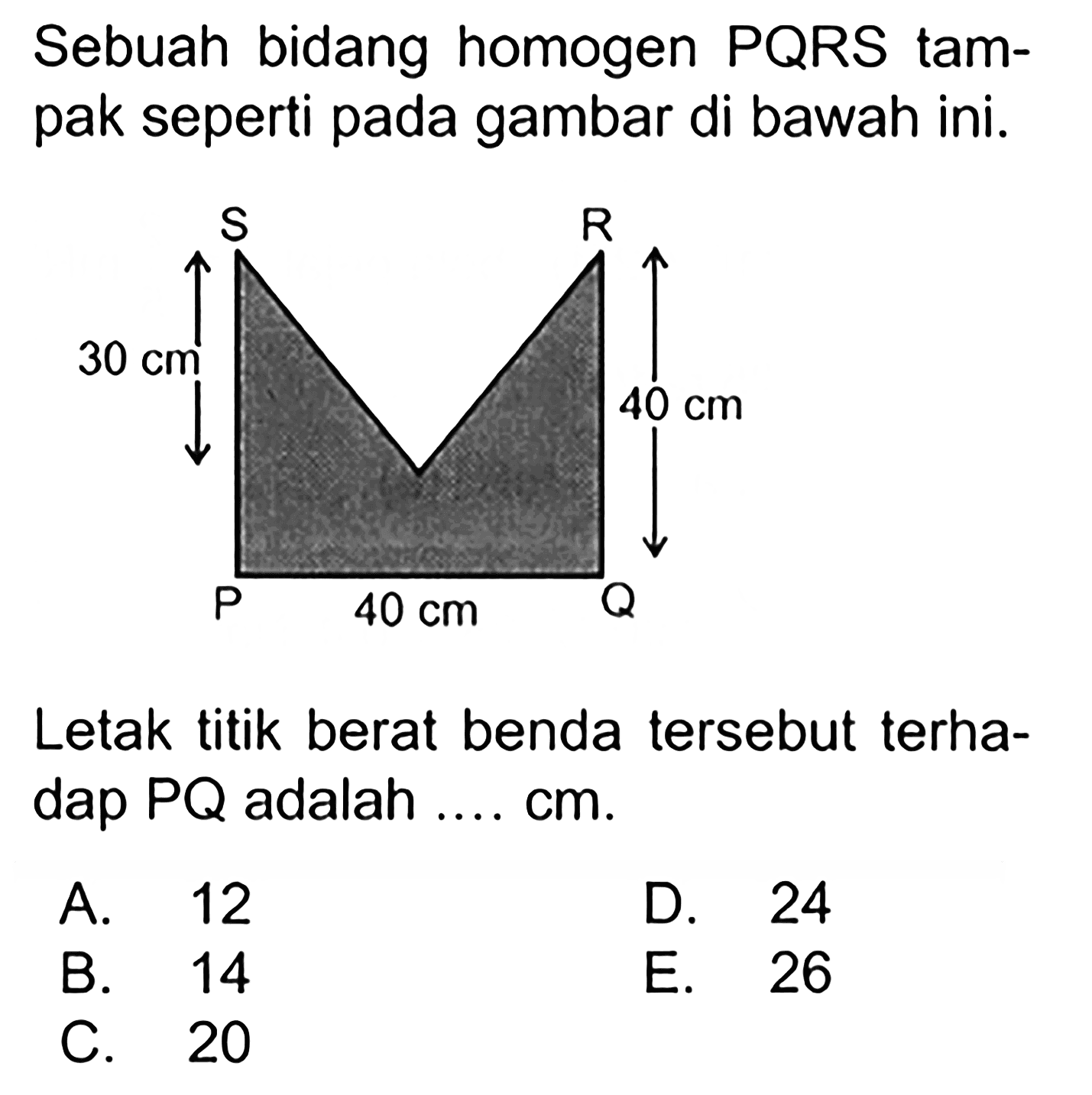 Sebuah bidang homogen PQRS tampak seperti pada gambar di bawah ini.Letak titik berat benda tersebut terhadap PQ adalah....cm. SP=30 cm, PQ=40 cm, RQ=40 cmA. 12B. 14C. 20D. 24E. 26 