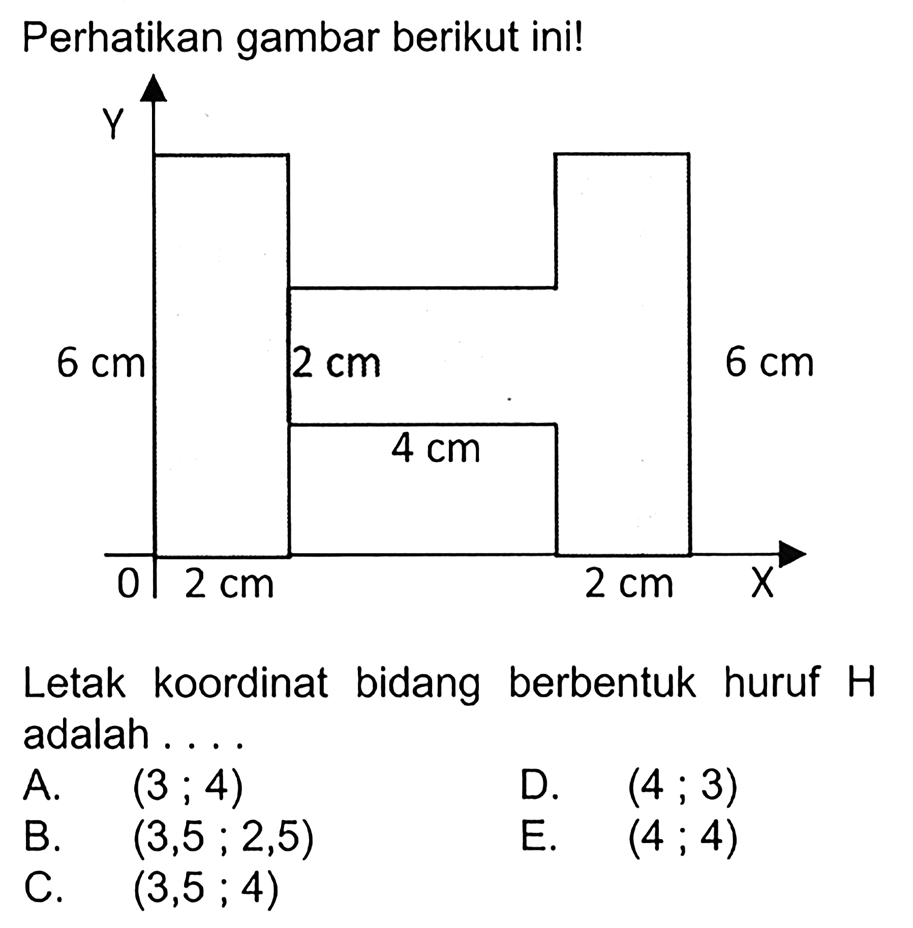 Perhatikan gambar berikut ini! Y 6 cm 2 cm 6 cm 4 cm 0 2 cm 2 cm X Letak koordinat bidang berbentuk huruf H adalah ...