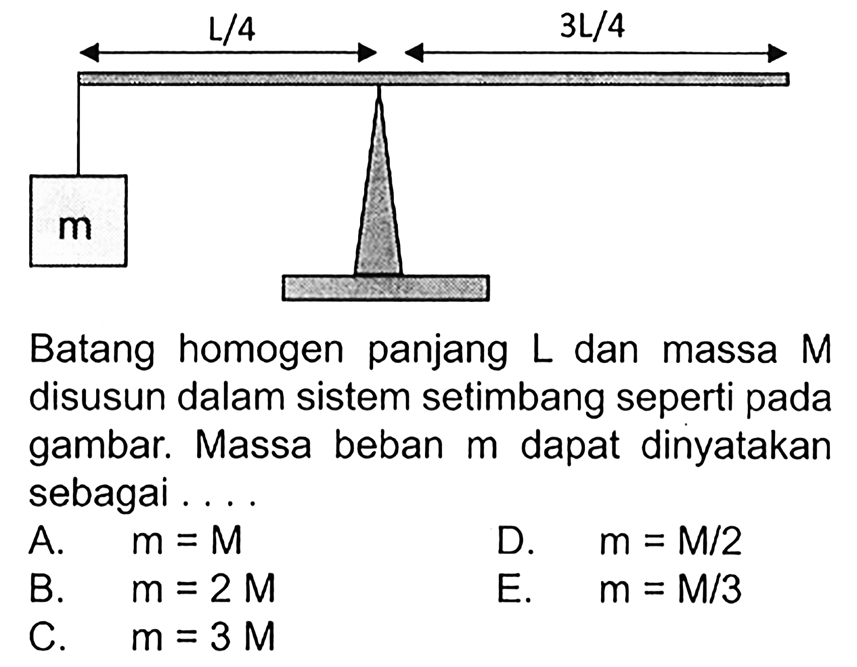 Batang homogen panjang  L  dan massa  M  disusun dalam sistem setimbang seperti pada gambar. Massa beban  m  dapat dinyatakan sebagai ....