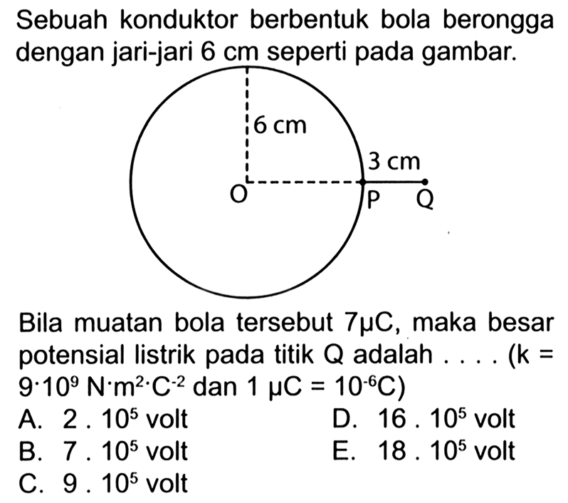 Sebuah konduktor berbentuk bola berongga dengan jari-jari  6 cm  seperti pada gambar.Bila muatan bola tersebut 7 mu C, maka besar potensial listrik pada titik Q adalah .... (k=9 . 10^9 N m^2 C^-2 dan 1 mu C=10^(-6) C)