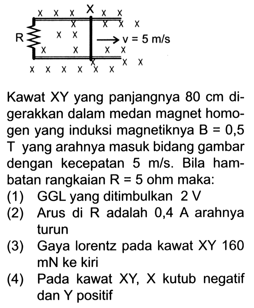 X R v = 5 m/s Y Kawat XY yang panjangnya 80 cm digerakkan dalam medan magnet homogen yang induksi magnetiknya B = 0,5 T yang arahnya masuk bidang gambar dengan kecepatan 5 m/s. Bila hambatan rangkaian R =5 ohm maka: (1) GGL yang ditimbulkan 2 V (2) Arus di R adalah 0,4 A arahnya turun (3) Gaya lorentz pada kawat XY 160 mN ke kiri (4) Pada kawat XY, X kutub negatif dan Y positif