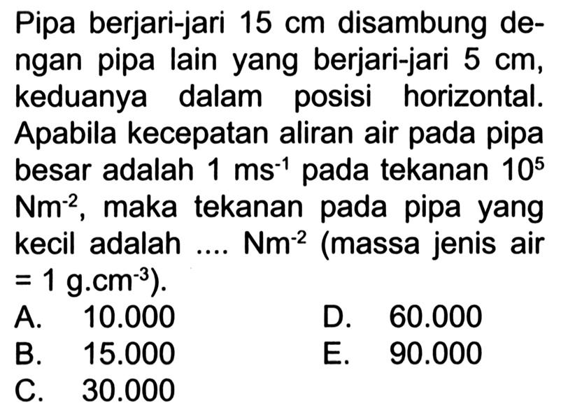 Pipa berjari-jari 15 cm disambung dengan pipa lain yang berjari-jari 5 cm, keduanya dalam posisi horizontal. Apabila kecepatan aliran air pada pipa besar adalah 1 ms^-1 pada tekanan 10^5 Nm^-2, maka tekanan pada pipa yang kecil adalah ... Nm^-2 (massa jenis air=1 g.cm^-3)