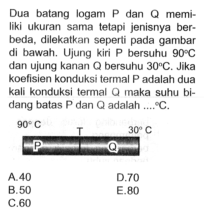 Dua batang logam P dan Q memiliki ukuran sama tetapi jenisnya berbeda, dilekatkan seperti pada gambar di bawah. Ujung kiri P bersuhu 90 C dan ujung kanan bersuhu 30 C . Jika koefisien konduksi termal P adalah dua kali konduksi termal Q maka suhu bidang batas P dan Q adalah ... C. 
90 C 30 C T P Q 
A. 40 D. 70 B. 50 E. 80 C. 60