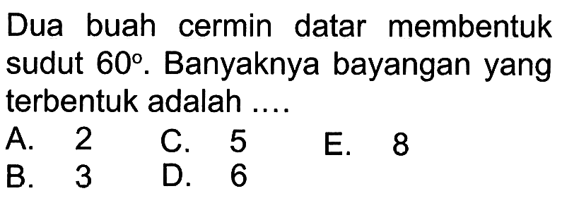 Dua buah cermin datar membentuk sudut 60. Banyaknya bayangan yang terbentuk adalah .... 