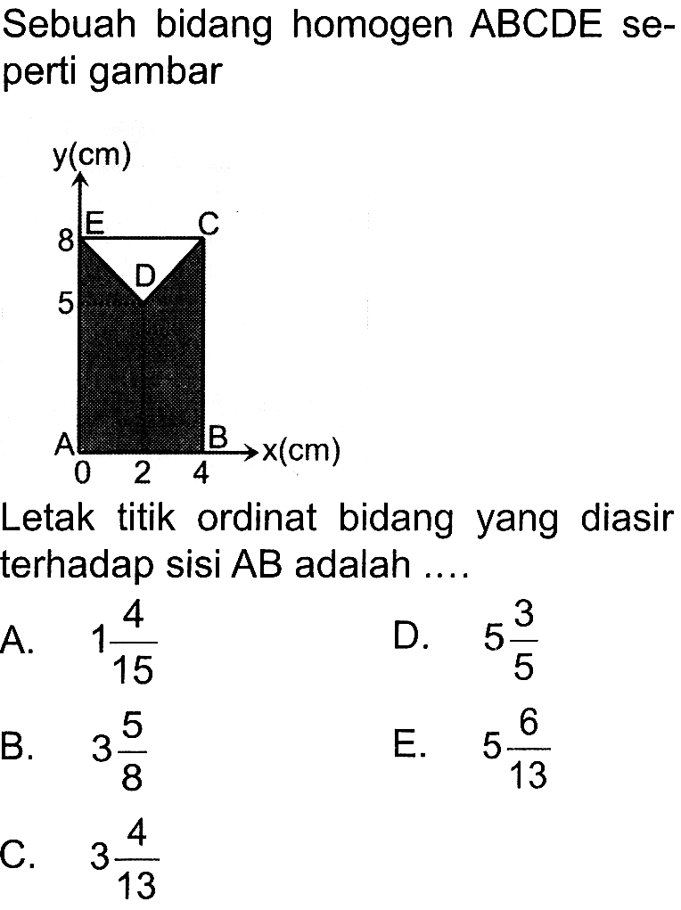 Sebuah bidang homogen ABCDE seperti gambar. Letak titik ordinat bidang yang diasir terhadap sisi AB adalah ...