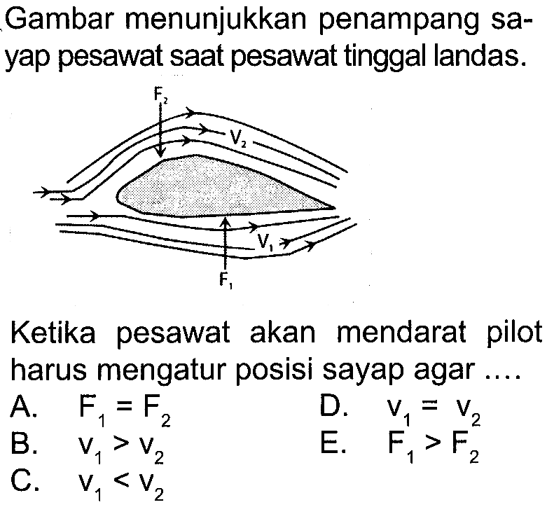 Gambar menunjukkan penampang sayap pesawat saat pesawat tinggal landas. F2 V2 F1 V1 Ketika pesawat akan mendarat pilot harus mengatur posisi sayap agar .... A. F1=F2 D. v1=v2 B. v1>v2 E. F1>F2 C. v1<v2