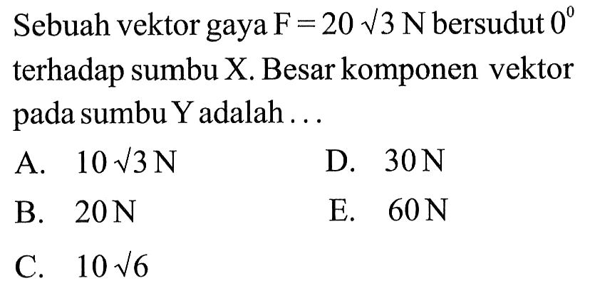 Sebuah vektor gaya F = 20 akar(3) N bersudut 0 terhadap sumbu X. Besar komponen vektor pada sumbu Y adalah . . . 