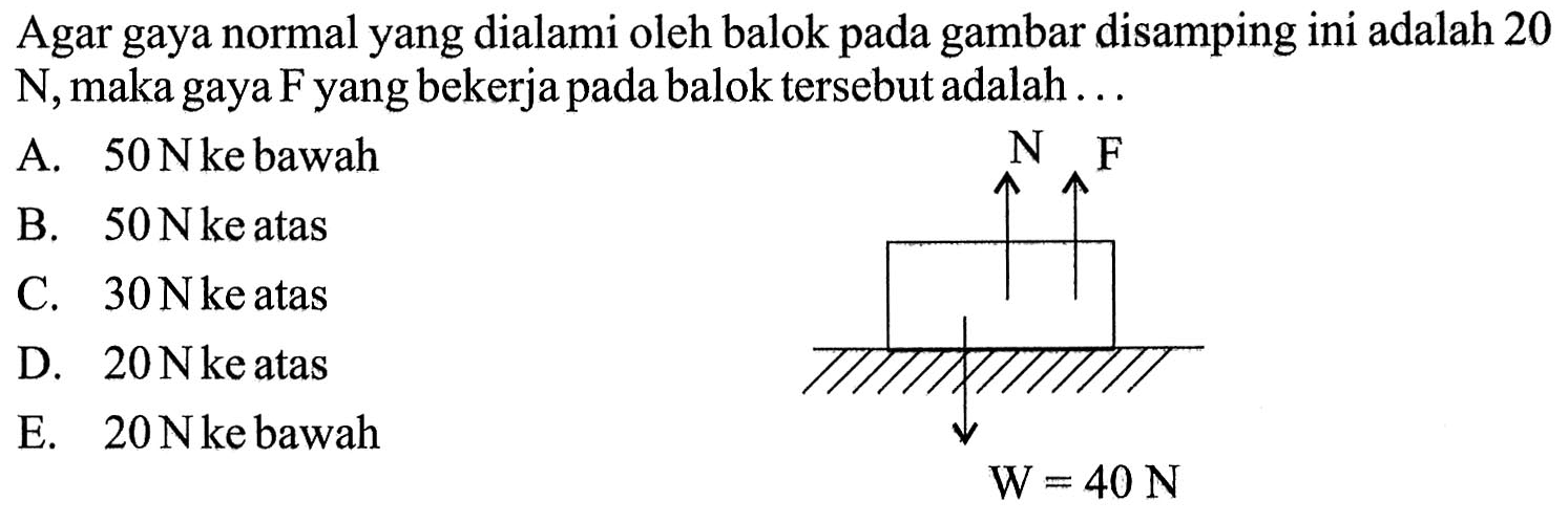 Agar gaya normal yang dialami oleh balok pada gambar disamping ini adalah 20 N, maka gaya F yang bekerja pada balok tersebut adalah ... A. 50 N ke bawah B. 50 N ke atas C. 30 N ke atas D. 20 N ke atas E. 20 N ke bawah