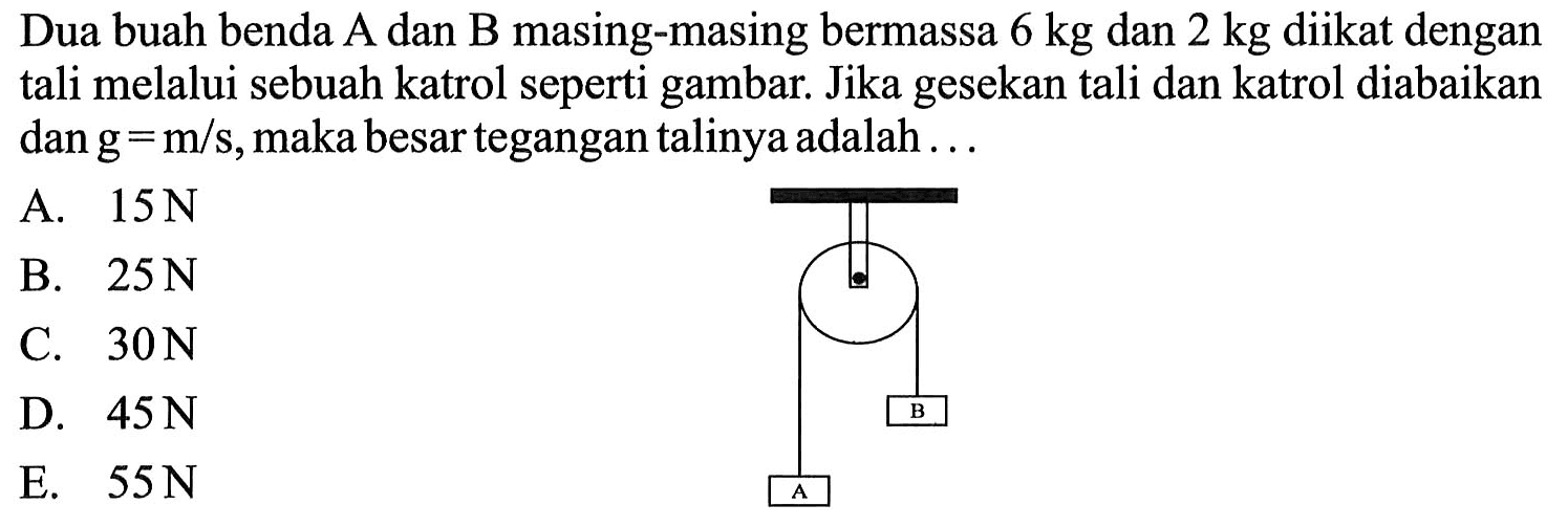 Dua buah benda A dan B masing-masing bermassa 6 kg dan 2 kg diikat dengan tali melalui sebuah katrol seperti gambar. Jika gesekan tali dan katrol diabaikan dan g=m/s, maka besar tegangan talinya adalah .... A. 15 N B. 25 N C. 30 N D. 45 N E. 55 N