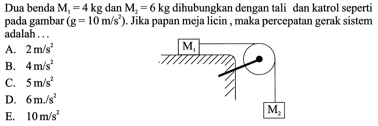 Dua benda  M1=4 kg  dan  M2=6 kg  dihubungkan dengan tali dan katrol seperti pada gambar  (g=10 m/s^2) . Jika papan meja licin , maka percepatan gerak sistem adalah... M1 M2