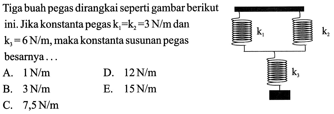 Tiga buah pegas dirangkai seperti gambar berikut ini. Jika konstanta pegas k1 = k2 = 3 N/m dan k3 = 6 N/m, maka konstanta susunan pegas besarnya... 