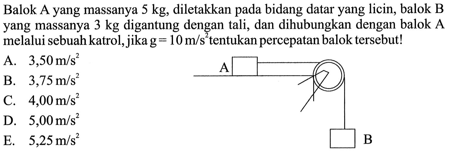 Balok A yang massanya 5 kg, diletakkan pada bidang datar yang licin, balok B yang massanya 3 kg digantung dengan tali, dan dihubungkan dengan balok A melalui sebuah katrol, jika  g=10 m/s^2 tentukan percepatan balok tersebut!