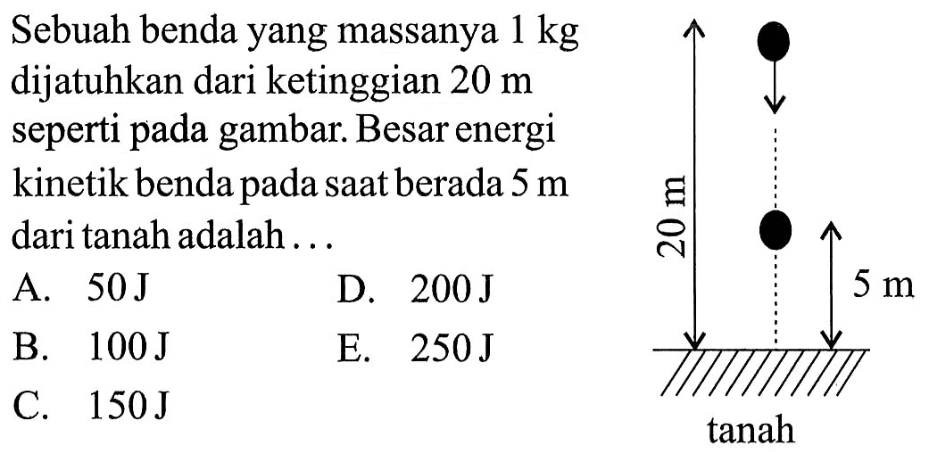 Sebuah benda yang massanya 1 kg dijatuhkan dari ketinggian 20 m seperti pada gambar. Besar energi kinetik benda pada saat berada 5 m dari tanah adalah ...  