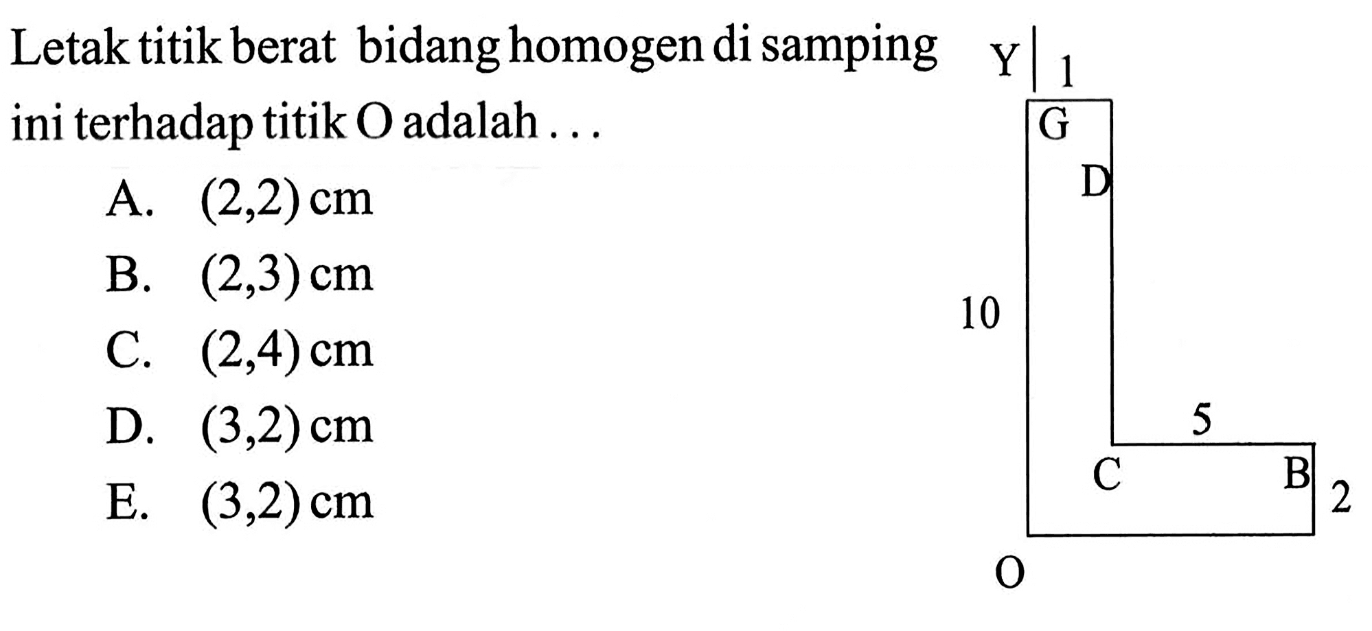 Letak titik berat bidang homogen di samping ini terhadap titik O adalah... Y 1 G D 10 C 5 B O 2A. (2,2) cm B. (2,3) cm C. (2,4) cm D. (3,2) cm E. (3,2) cm