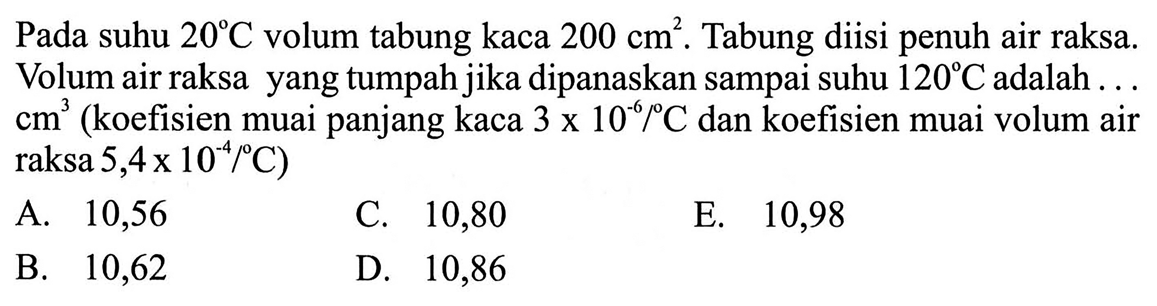 Pada suhu 20 C volum tabung kaca 200 cm^2. Tabung diisi penuh air raksa. Volum air raksa yang tumpah jika dipanaskan sampai suhu 120 C adalah  ...   cm^3  (koefisien muai panjang kaca 3 x 10^(-6)/ C dan koefisien muai volum air raksa  5,4 x 10^(-4)/ C)