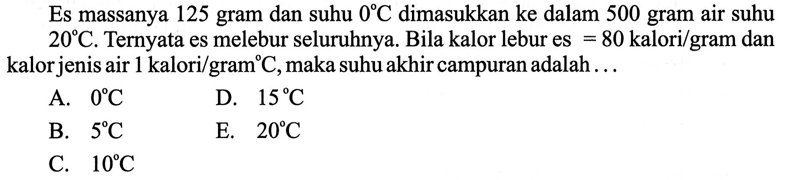 Es massanya 125 gram dan suhu 0 C dimasukkan ke dalam 500 gram air suhu 20 C. Ternyata es melebur seluruhnya. Bila kalor lebur es =80 kalori/gram dan kalor jenis air 1 kalori/gram C , maka suhu akhir campuran adalah ... 