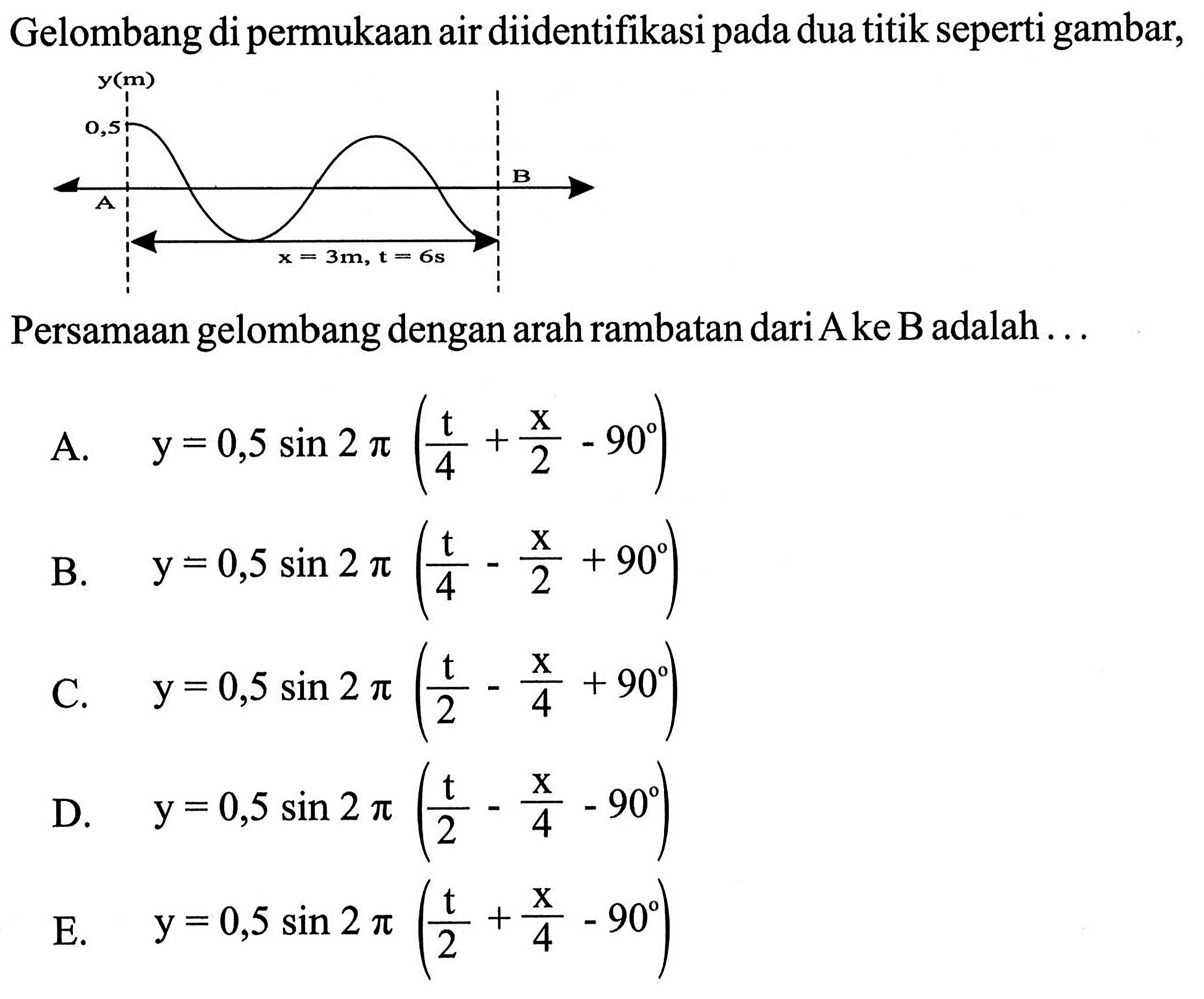 Gelombang di permukaan air diidentifikasi pada dua titik seperti gambar, Persamaan gelombang dengan arah rambatan dari A ke B adalah ...