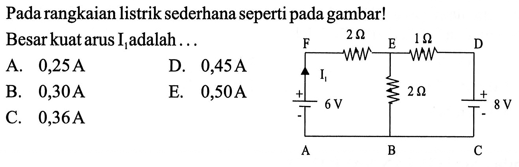 Pada rangkaian listrik sederhana seperti pada gambar! Besar kuat arus I1 adalah ... P 2Ohm E 1 Ohm D I1 6 V 2 Ohm 8 V A B C A. 0,25 A D. 0,45 A B. 0,30 A E. 0,50 A C. 0,36 A