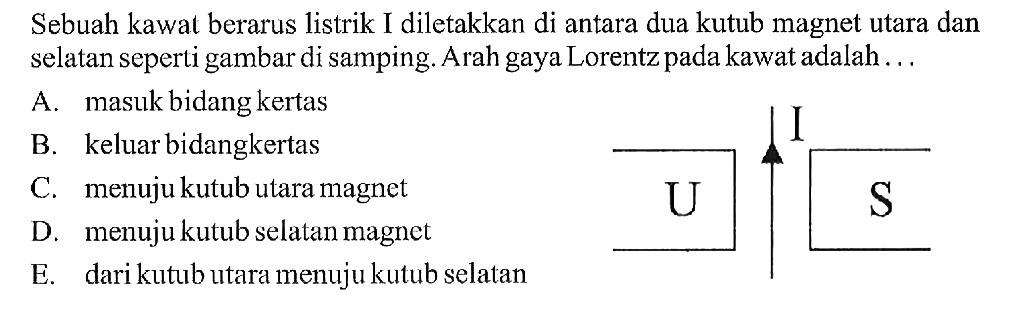 Sebuah kawat berarus listrik I diletakkan di antara dua kutub magnet utara dan selatan seperti gambar di samping. Arah gaya Lorentz pada kawat adalah ... I U S 