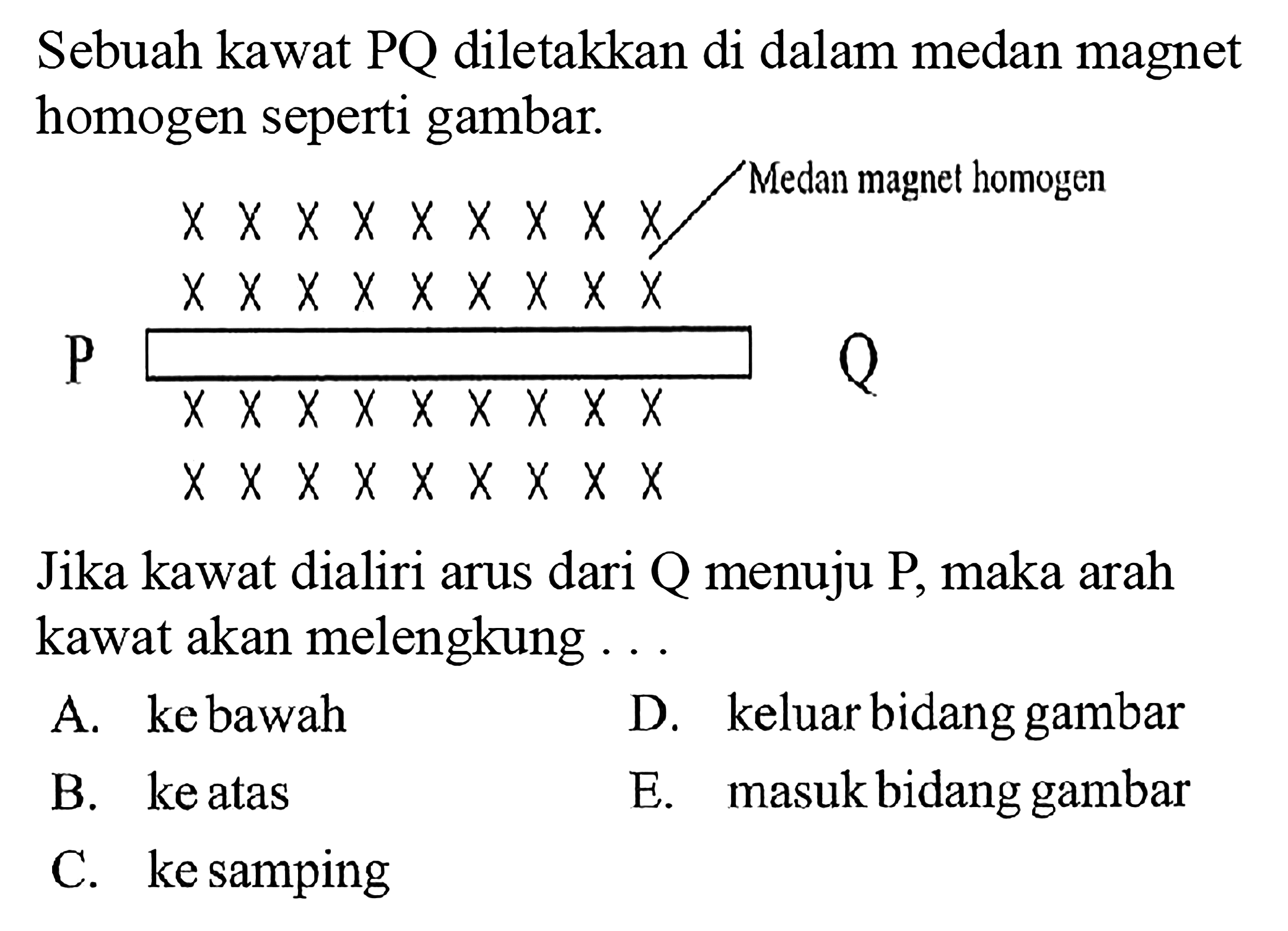 Sebuah kawat PQ diletakkan di dalam medan magnet homogen seperti gambar.X x x x x x x x x Medan magnet homogen  x x x x x x x x x P x x x x x x x x Q x x x x x x x x xJika kawat dialiri arus dari Q menuju P, maka arah kawat akan melengkung . .A. kebawah B. keatas C. ke samping D. keluar bidang gambar E. masuk bidang gambar  