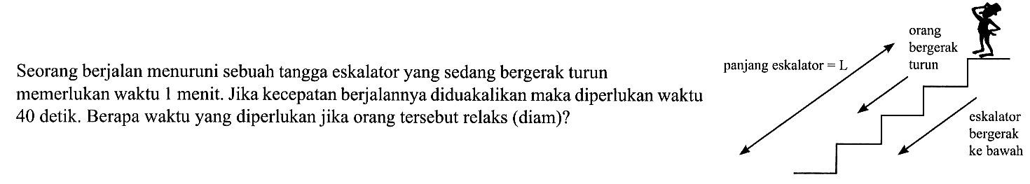 orang bergerak Seorang berjalan menuruni sebuah tangga eskalator yang sedang bergerak turun panjang eskalator = L turun memerlukan waktu menit. Jika kecepatan berjalannya diduakalikan maka diperlukan waktu 40 detik. Berapa waktu yang diperlukan jika orang tersebut relaks (diam)?