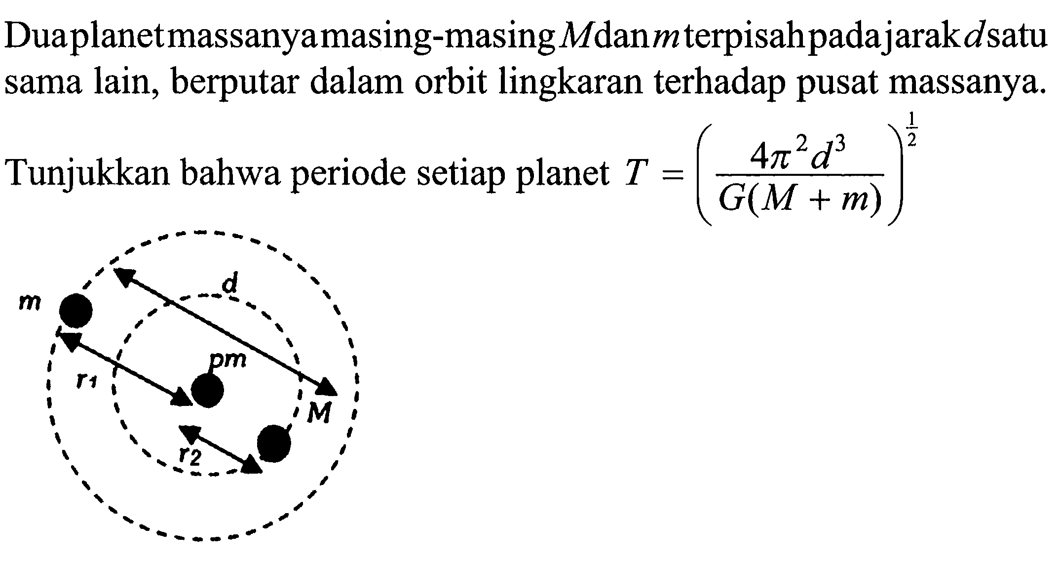 Dua planet massanya masing-masing  M  dan  m  terpisah padajarak  d  satu sama lain, berputar dalam orbit lingkaran terhadap pusat massanya. Tunjukkan bahwa periode setiap planet  T=((4 pi^2 d^3)/(G(M+m)))^(1/2) 
m d r1 r2 pm M