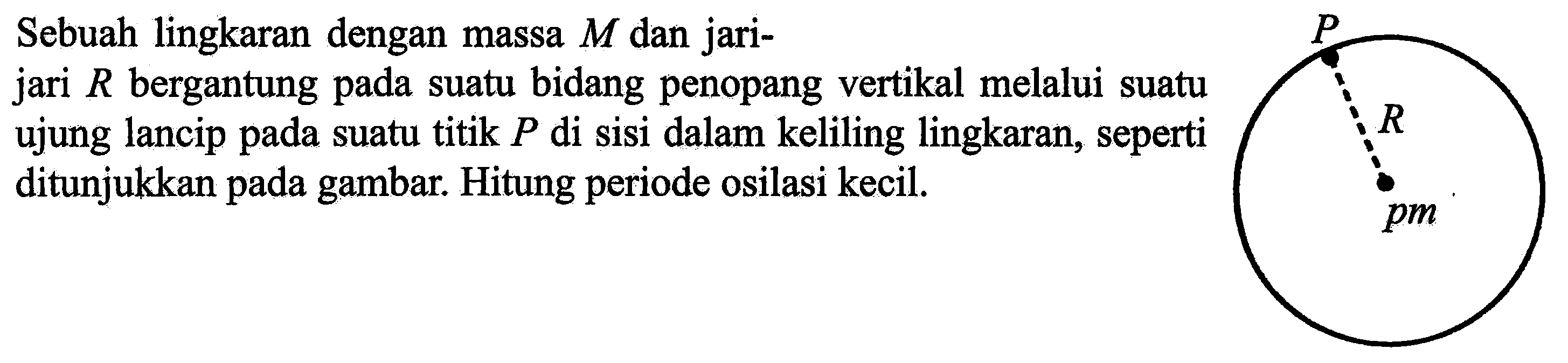 Sebuah lingkaran dengan massa  M  dan jari-jari  R  bergantung pada suatu bidang penopang vertikal melalui suatu ujung lancip pada suatu titik  P  di sisi dalam keliling lingkaran, seperti ditunjukkan pada gambar. Hitung periode osilasi kecil. P R pm